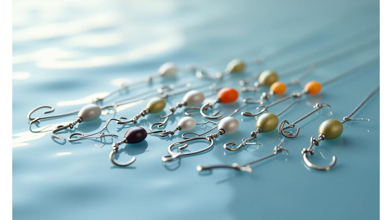 Variedad de accesorios de pesca de alta calidad: flotadores, anzuelos, plomos dispuestos sobre una superficie que simula agua, con reflejos que insinúan movimiento.