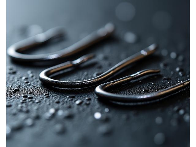 Macro shot de diferentes tipos de anzuelos especializados de Marlin Sol, mostrando sus puntas afiladas y materiales forjados.