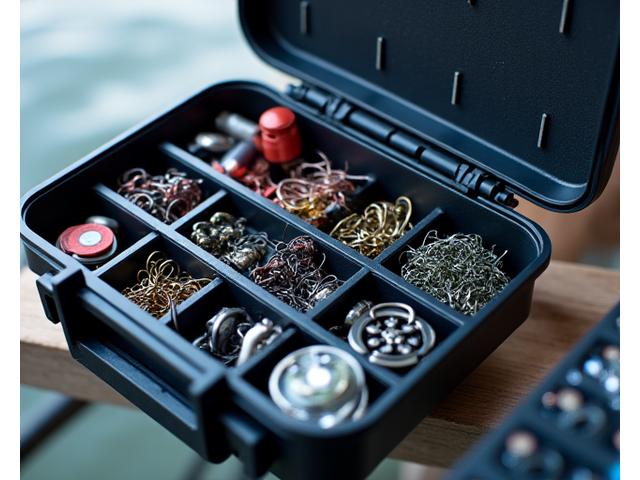 Amplia caja de pesca modular de Marlin Sol abierta, mostrando compartimentos organizados llenos de anzuelos, plomos pequeños, flotadores y herramientas.