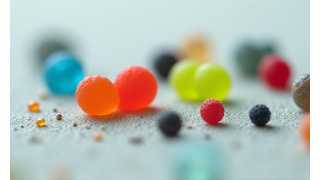 Detalle de pequeños stoppers y perlas de pesca de diversos colores y materiales Marlin Sol, organizados sobre una mano.