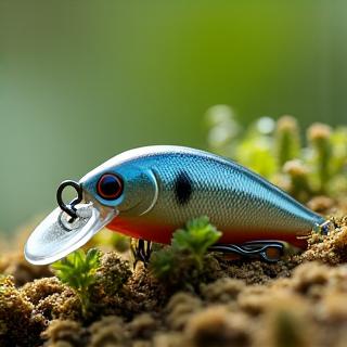 Mano sosteniendo un señuelo de pesca hecho de material biodegradable, con hojas y tierra.