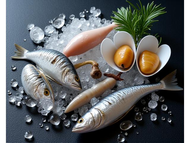 Carnada marina fresca como mejillones y sardinas, ideal para la pesca costera.