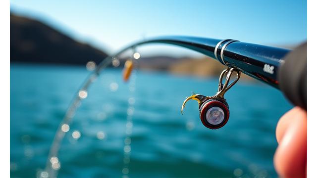 Un pescador experto demostrando una técnica de casting perfecta en un lago tranquilo.