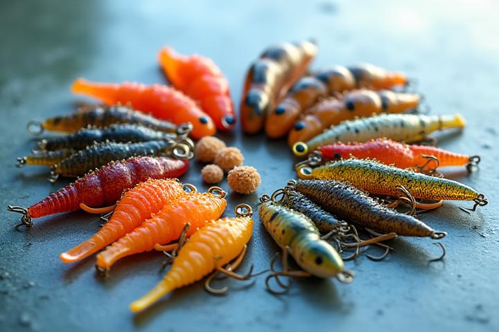 Variedad de cebos naturales frescos como gusanos y sardinas, junto a señuelos artificiales coloridos de alta tecnología para la pesca.