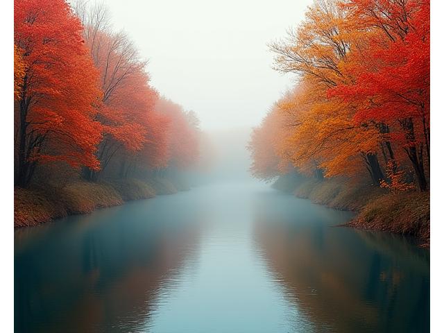 Bosque otoñal con hojas caídas y un río tranquilo.