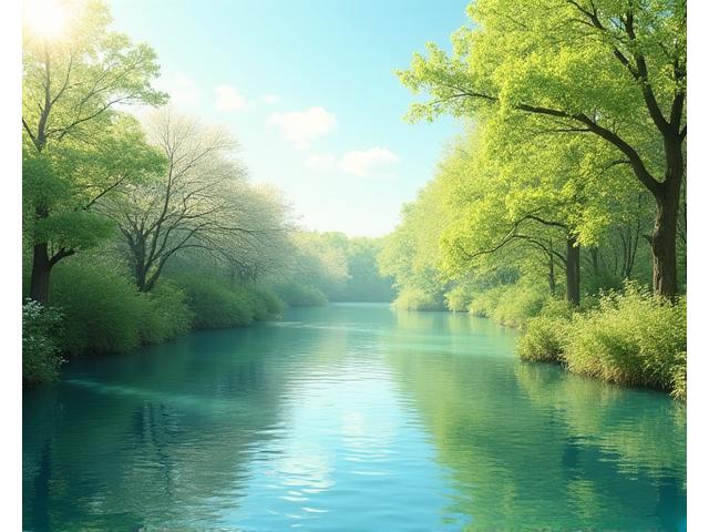 Río fluyendo con árboles en flor, representando la primavera.