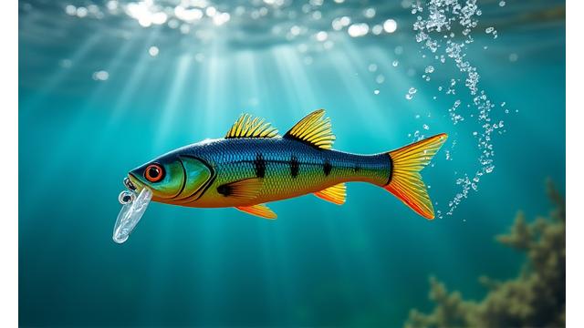 Señuelo de crankbait bajo el agua en movimiento, con burbujas y vibraciones.