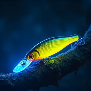 Primer plano de un señuelo de pesca que brilla intensamente bajo luz UV.