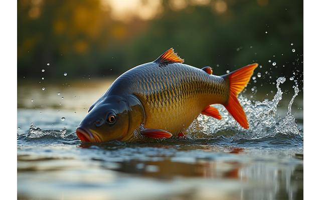 Gran carpa siendo capturada en un lago español con una línea de pesca robusta y elástica.