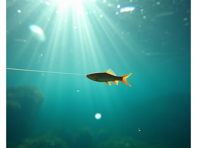 Video o secuencia de imágenes demostrando la invisibilidad de una línea de fluorocarbono de Marlin Sol bajo el agua, con peces pasando cerca sin percibirla.