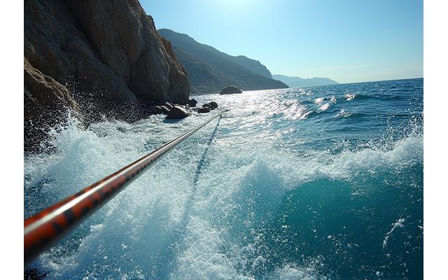 Pescador de lubinas en la costa mediterránea, con una línea de pesca resistente al salitre y la abrasión rocosa.