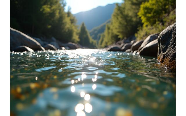 Pescador de truchas en un río de montaña, con una línea fina e invisible apenas visible en el agua cristalina.