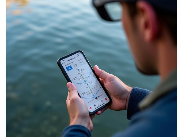 Pescador usando una aplicación móvil para registrar una captura, con una etiqueta de identificación de pez