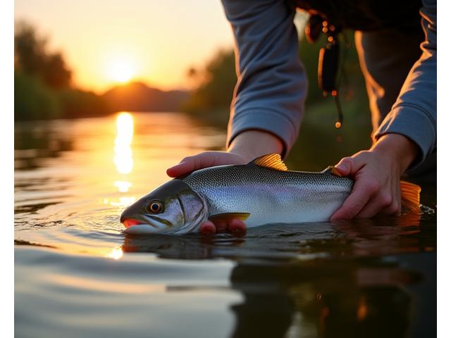 Pescador liberando un pez en un río cristalino al atardecer, simbolizando la pesca sostenible