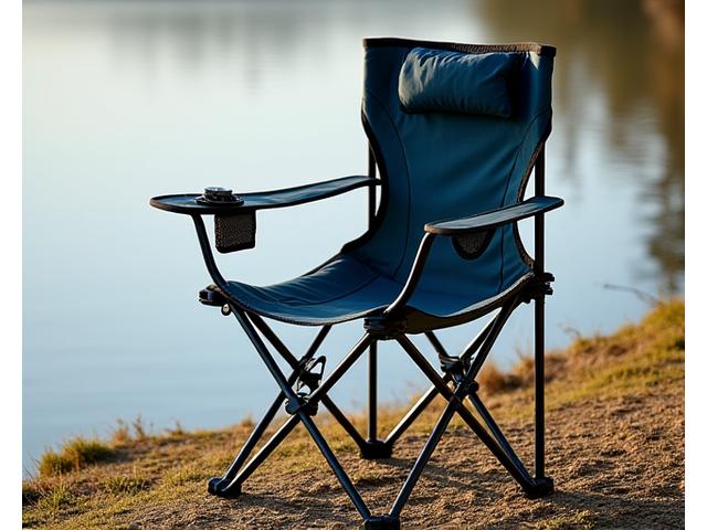 Asiento de pesca plegable con respaldo acolchado y soporte para caña integrado, diseñado para estabilidad y comodidad