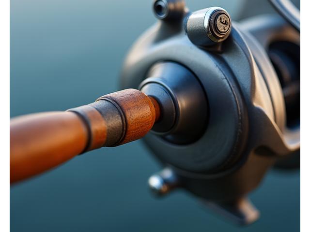 Carrete de pesca con una manivela sobredimensionada y suave de color dorado, diseñado para fácil agarre y manejo