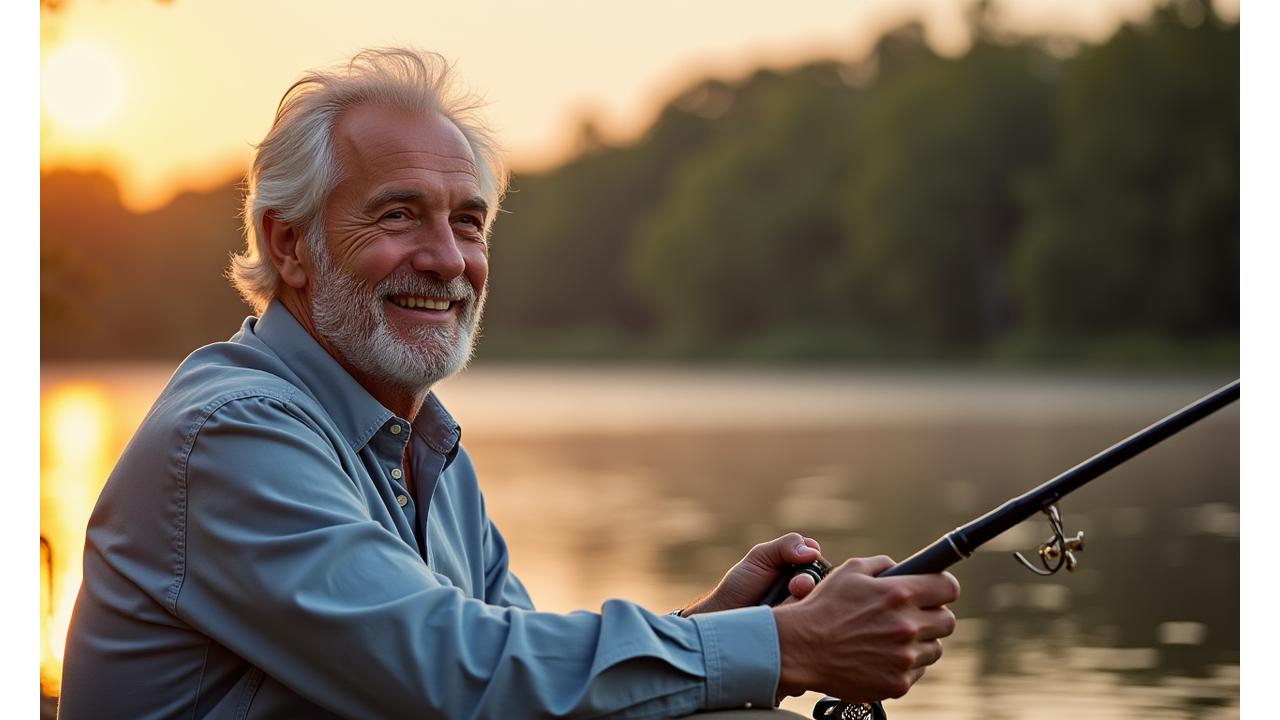 Un hombre mayor sonriendo y pescando tranquilamente con una caña ergonómica en un lago sereno, al atardecer.