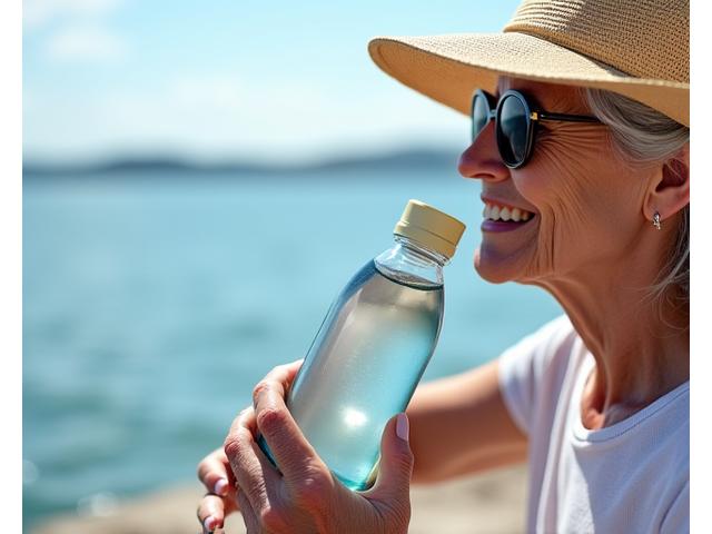 Persona mayor bebiendo agua de una botella reutilizable mientras pesca al sol