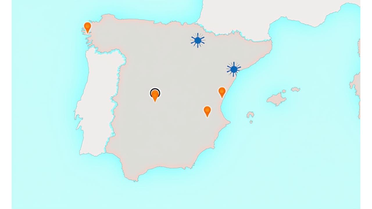 Mapa de España con íconos de ubicaciones de pesca accesibles resaltadas en diferentes regiones