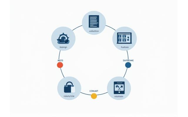 Icono circular que representa el ciclo de vida de los datos: recopilación, uso, almacenamiento y eliminación segura.