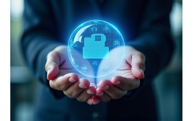 Manos sosteniendo una esfera digital que representa el control de datos personales, con iconos de acceso, borrado y portabilidad flotando alrededor.