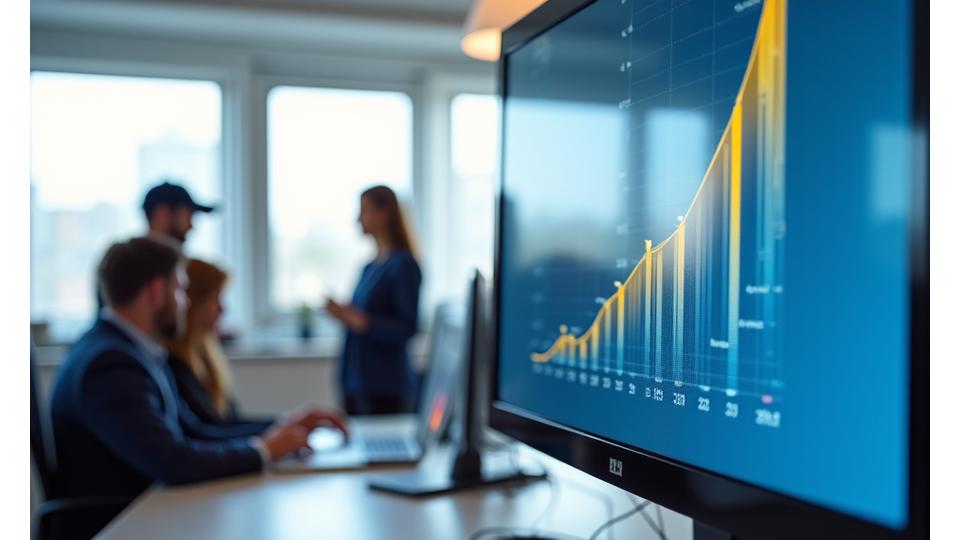 Gráfico de crecimiento de la empresa en un monitor, con una mano señalando los logros en un entorno de oficina moderno.