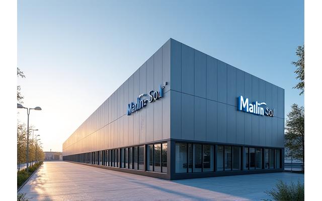 Exterior moderno de la fábrica de Marlin Sol en Madrid, con un diseño limpio y el logotipo visible