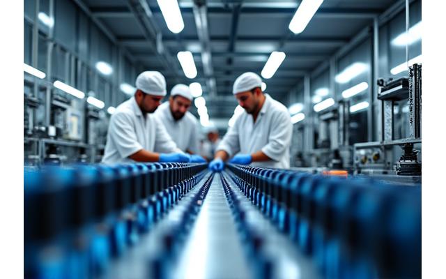 Interior de la planta de producción de Marlin Sol, con maquinaria de alta tecnología y operarios trabajando