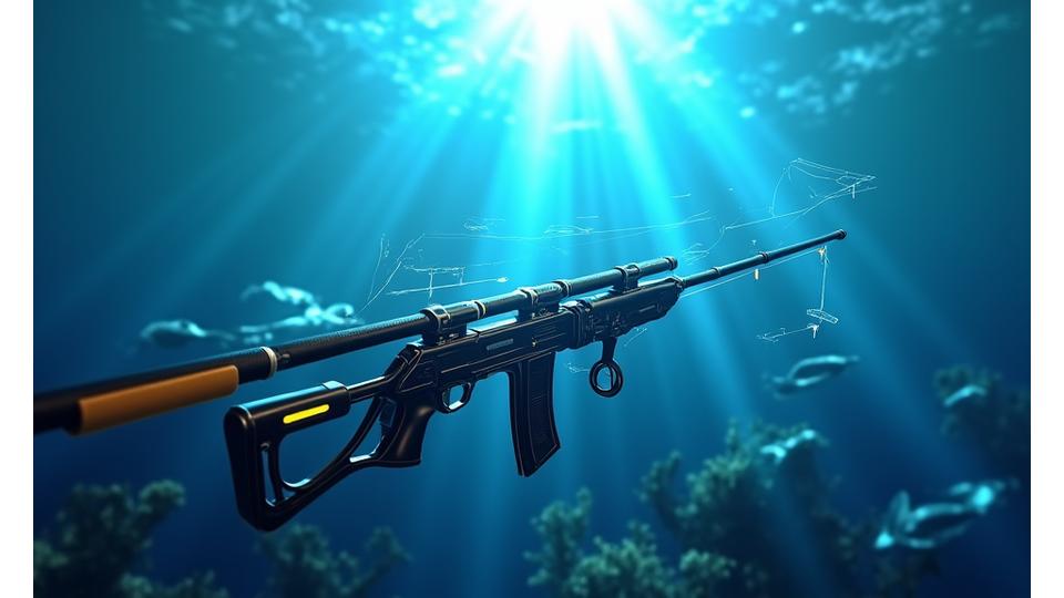 Representación conceptual de tecnología de pesca futurista, con hologramas y diseños ergonómicos, sobre un fondo marino vibrante