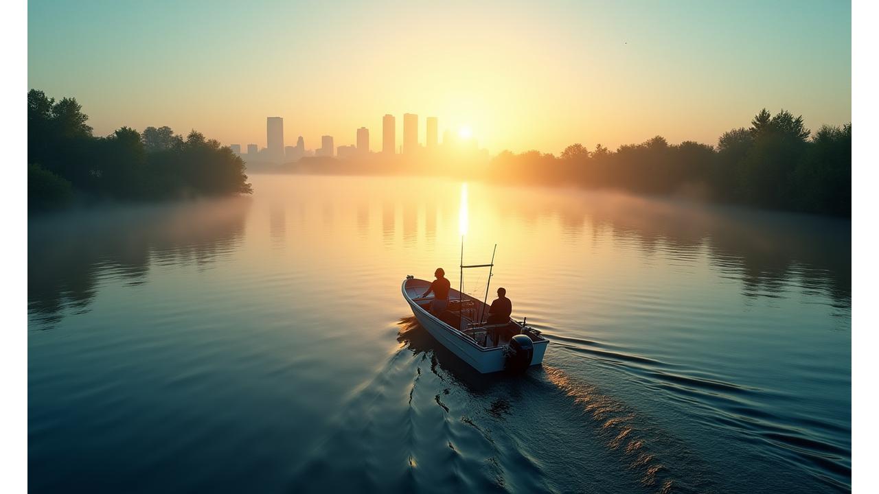 Vista aérea de Madrid al amanecer con equipos de pesca en primer plano