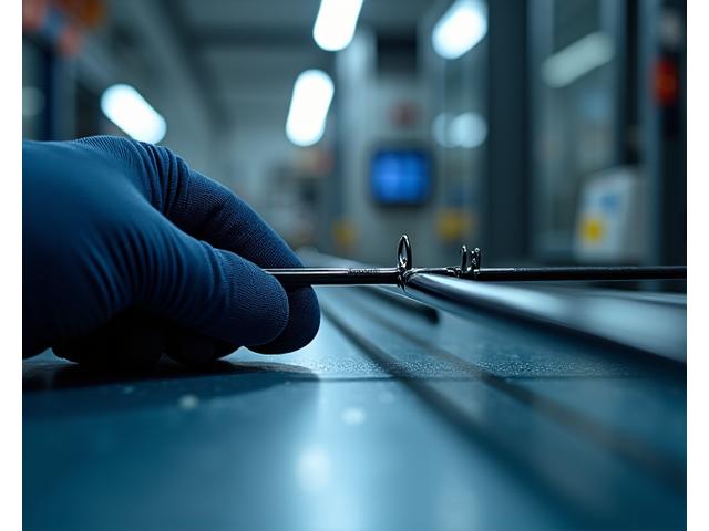 Primer plano de un técnico inspeccionando una caña de pescar en un entorno de fabricación limpio