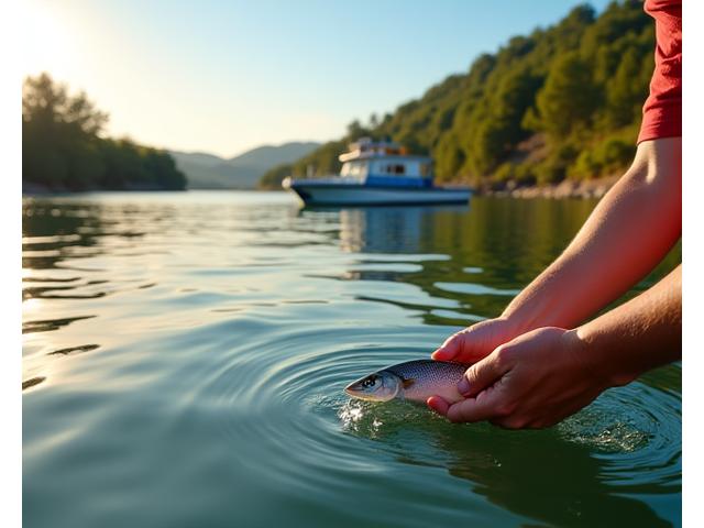 Bote de pesca con paneles solares, pescador recogiendo basura del agua, y señal de 'catch and release'