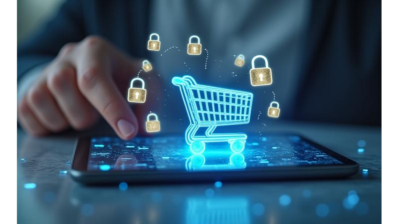 Un carrito de compras digital en línea con un candado y símbolos de seguridad