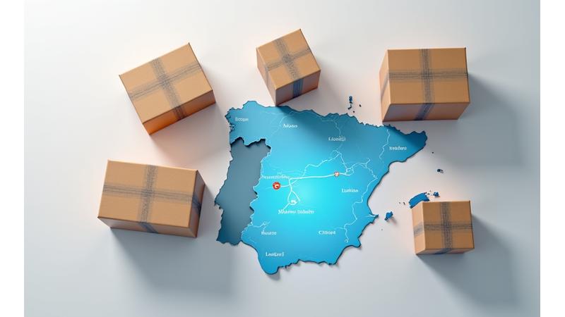 Paquetes de envío con etiquetas y un mapa de España con rutas de entrega